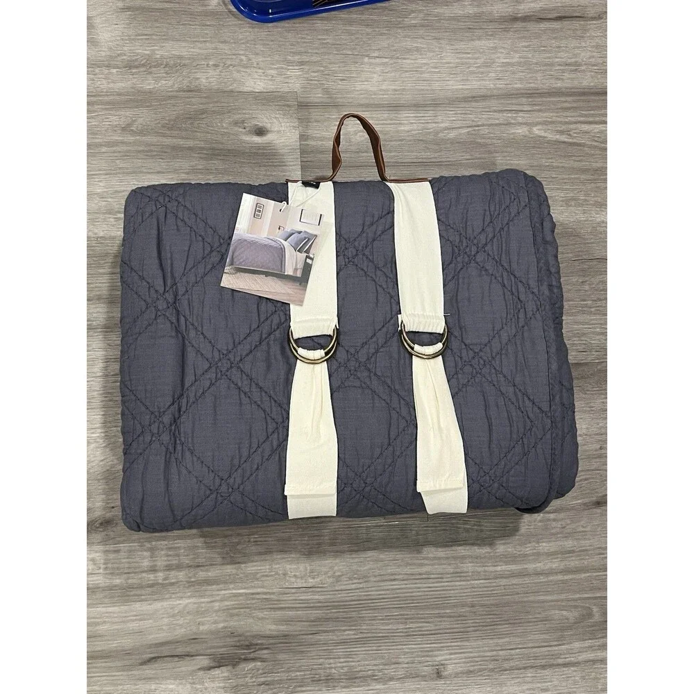 Brooks Brothers Cotton Slub Quilt FULL QUEEN Dark Blue Diamond Stitch Reversible